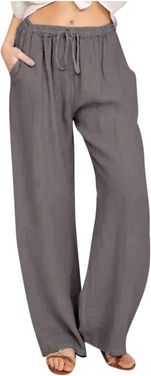 Casual Linen Pants Women 2024 Trendy Wide Leg Long Pant with Pockets Drawstring Summer Fall Palazzo Trousers, Large