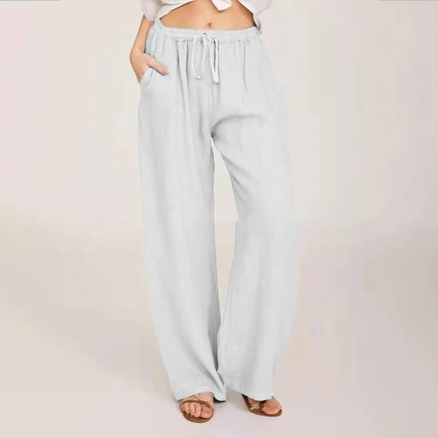 Casual Linen Pants Women 2024 Trendy Wide Leg Long Pant with Pockets Drawstring Summer Fall Palazzo Trousers, Large