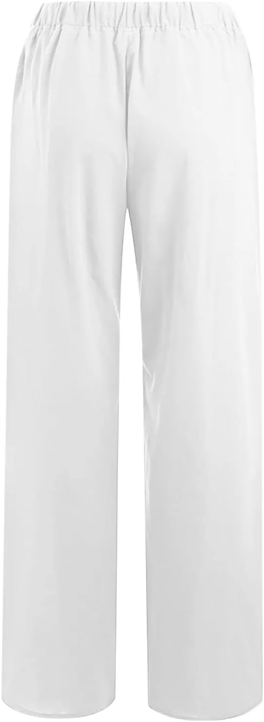 Casual Linen Pants Women 2024 Trendy Wide Leg Long Pant with Pockets Drawstring Summer Fall Palazzo Trousers, Large