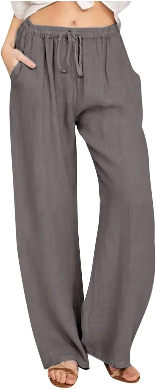 Casual Linen Pants Women 2024 Trendy Wide Leg Long Pant with Pockets Drawstring Summer Fall Palazzo Trousers, Large