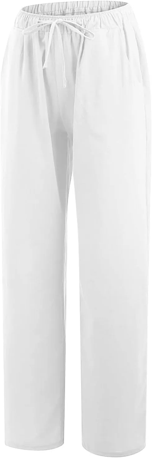 Casual Linen Pants Women 2024 Trendy Wide Leg Long Pant with Pockets Drawstring Summer Fall Palazzo Trousers, Large