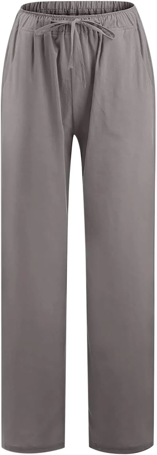 Casual Linen Pants Women 2024 Trendy Wide Leg Long Pant with Pockets Drawstring Summer Fall Palazzo Trousers, Large