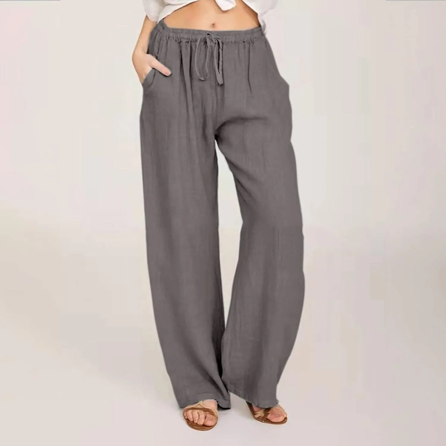 Casual Linen Pants Women 2024 Trendy Wide Leg Long Pant with Pockets Drawstring Summer Fall Palazzo Trousers, Large