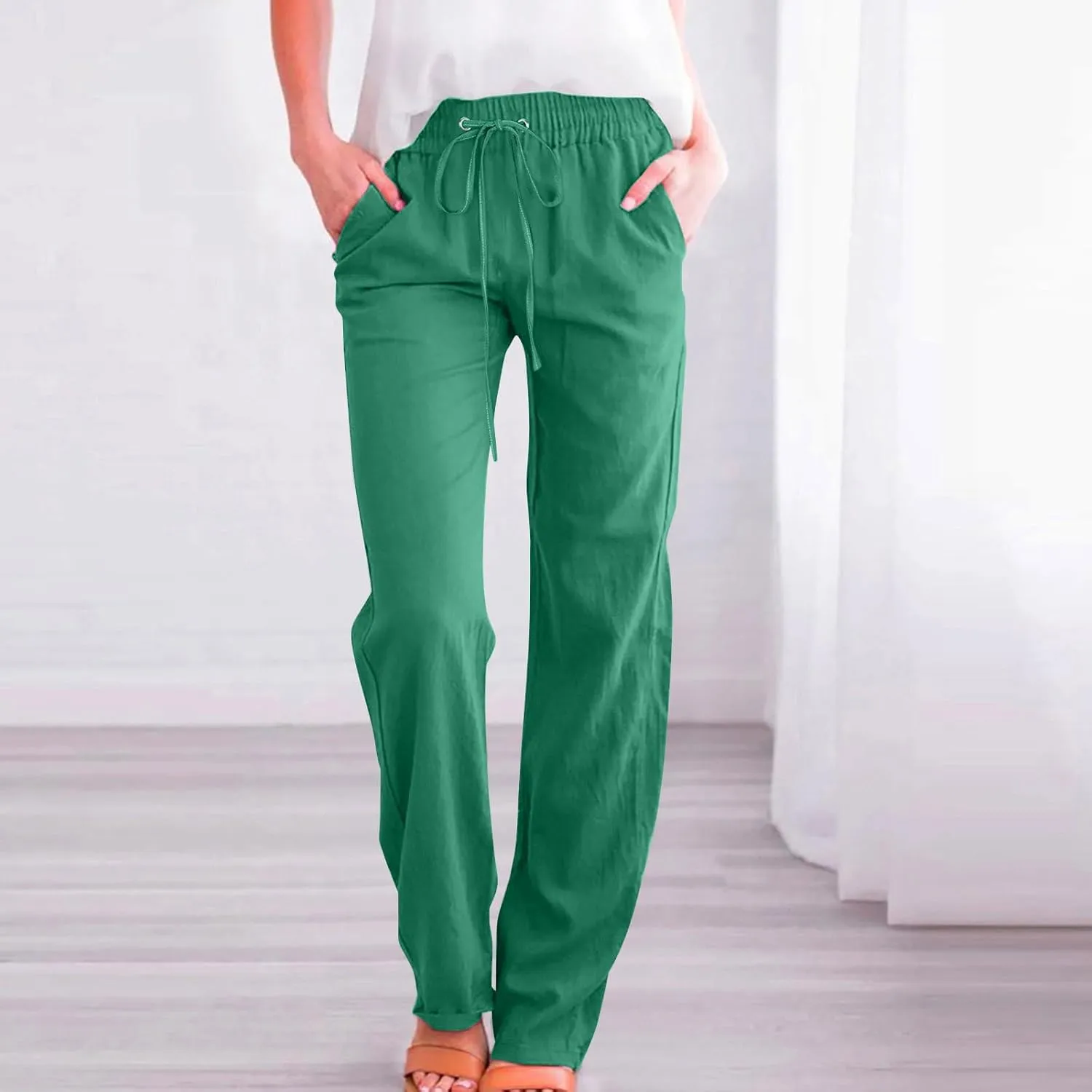 Casual Linen Pants Women Lounge Pants High Waist Drawstring Loose Fit 2025 Summer Trousers with Side Pockets Slacks