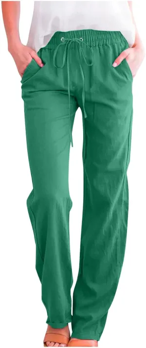 Casual Linen Pants Women Lounge Pants High Waist Drawstring Loose Fit 2025 Summer Trousers with Side Pockets Slacks