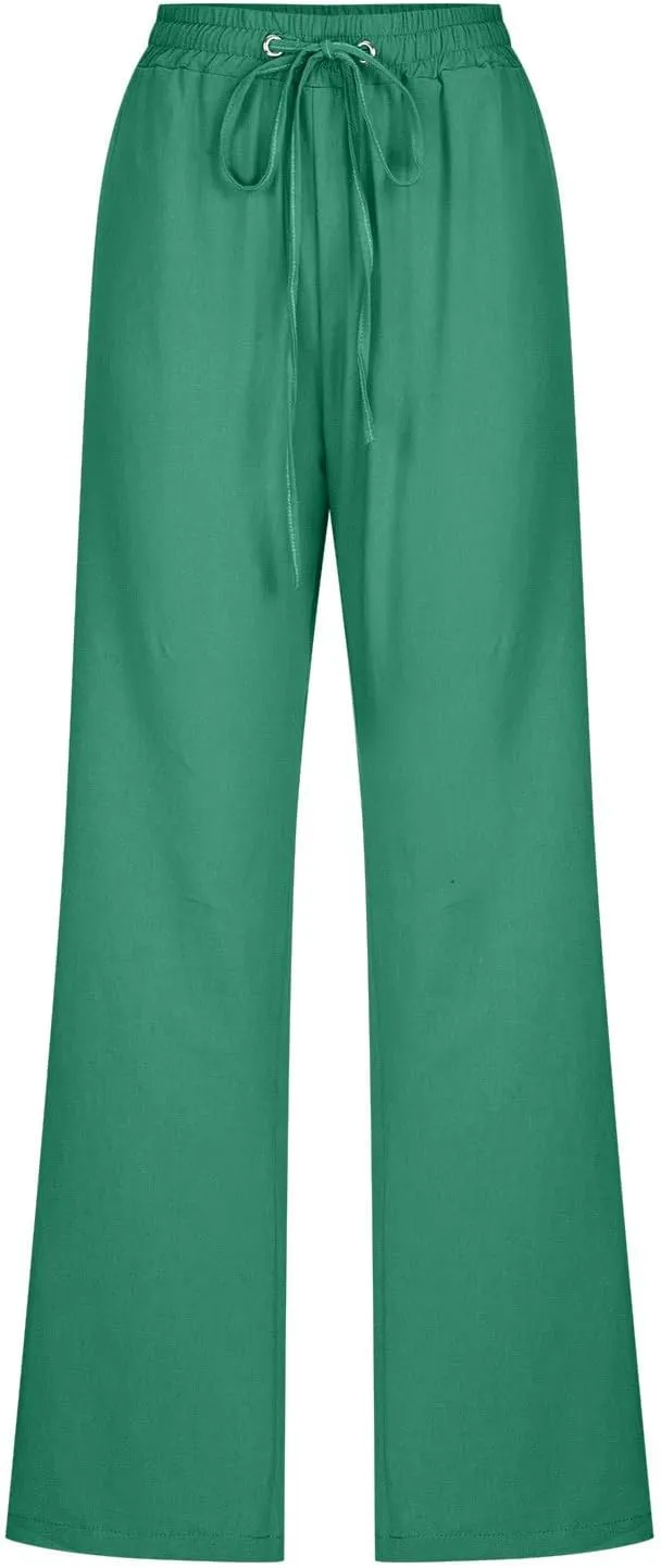 Casual Linen Pants Women Lounge Pants High Waist Drawstring Loose Fit 2025 Summer Trousers with Side Pockets Slacks