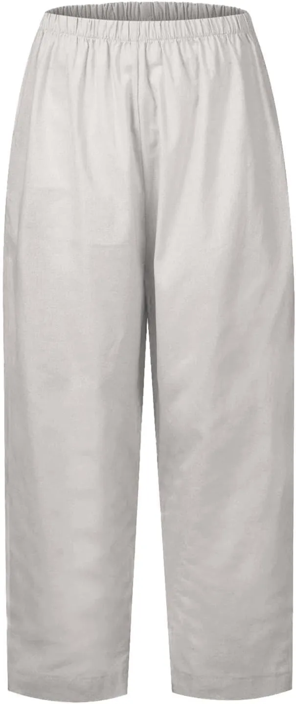 Casual Linen Trousers for Women Solid Color Straight Leg Elastic Waist Loose Comfy Travel Pants Autumn Outdoor Slacks