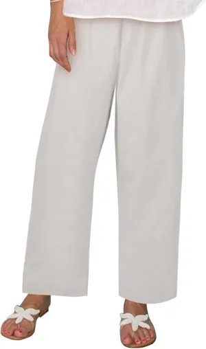 Casual Linen Trousers for Women Solid Color Straight Leg Elastic Waist Loose Comfy Travel Pants Autumn Outdoor Slacks