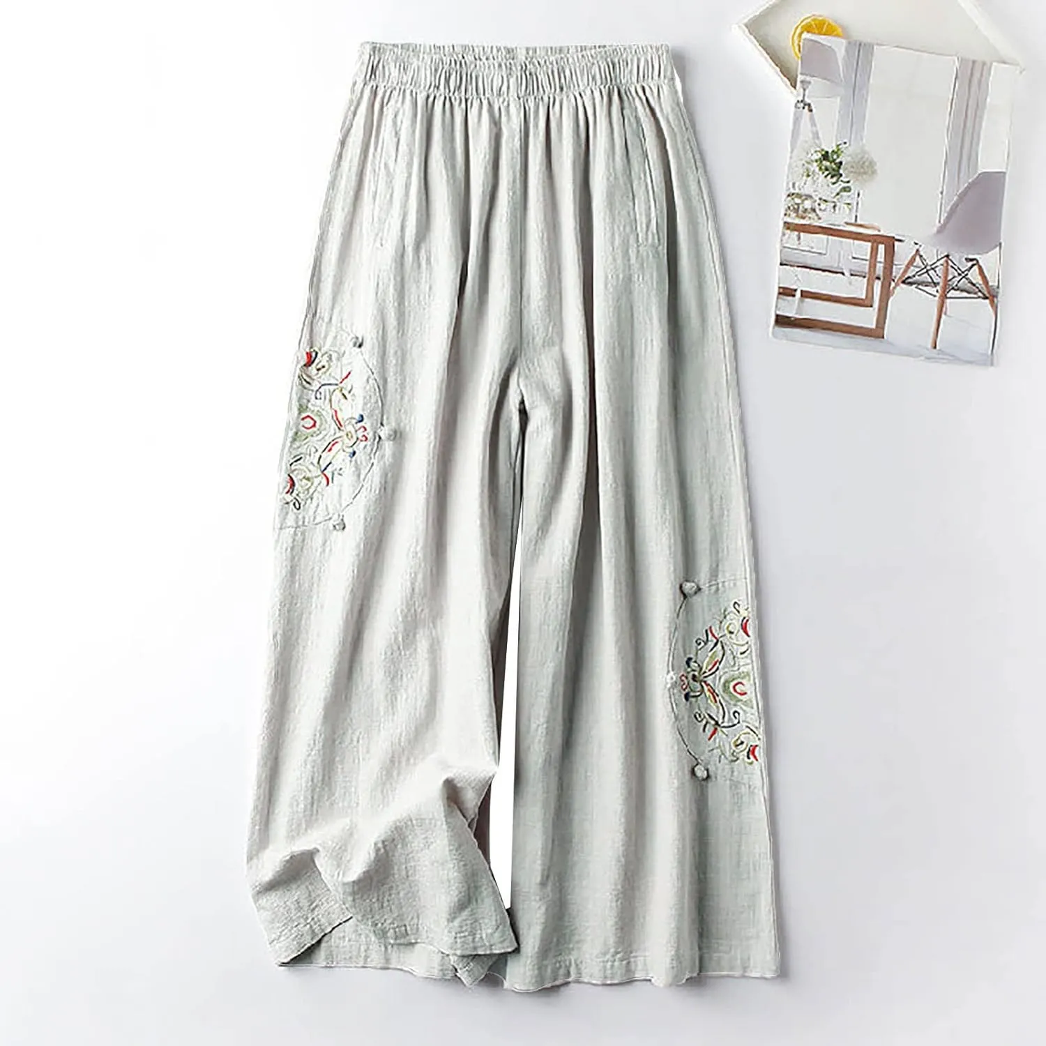 Casual Women's Linen Pants Summer Palazzo High Waisted Pants Wide Leg Slacks Beach Comfy Long Trousers with Pockets
