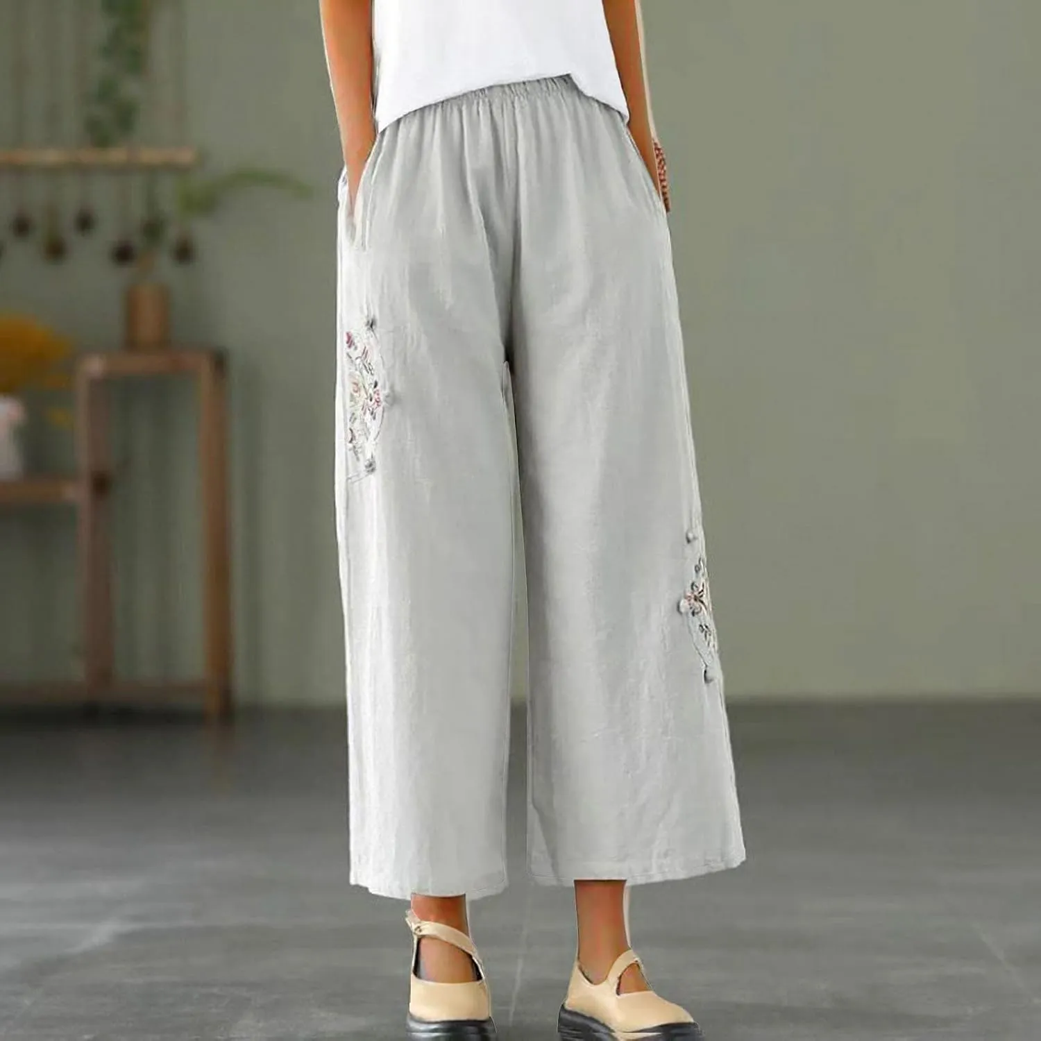 Casual Women's Linen Pants Summer Palazzo High Waisted Pants Wide Leg Slacks Beach Comfy Long Trousers with Pockets