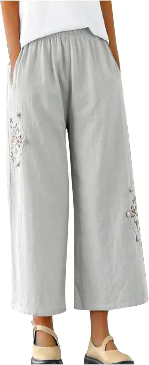 Casual Women's Linen Pants Summer Palazzo High Waisted Pants Wide Leg Slacks Beach Comfy Long Trousers with Pockets