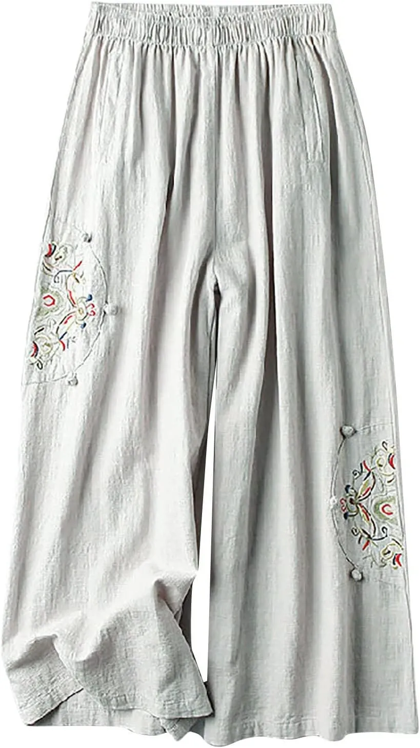 Casual Women's Linen Pants Summer Palazzo High Waisted Pants Wide Leg Slacks Beach Comfy Long Trousers with Pockets