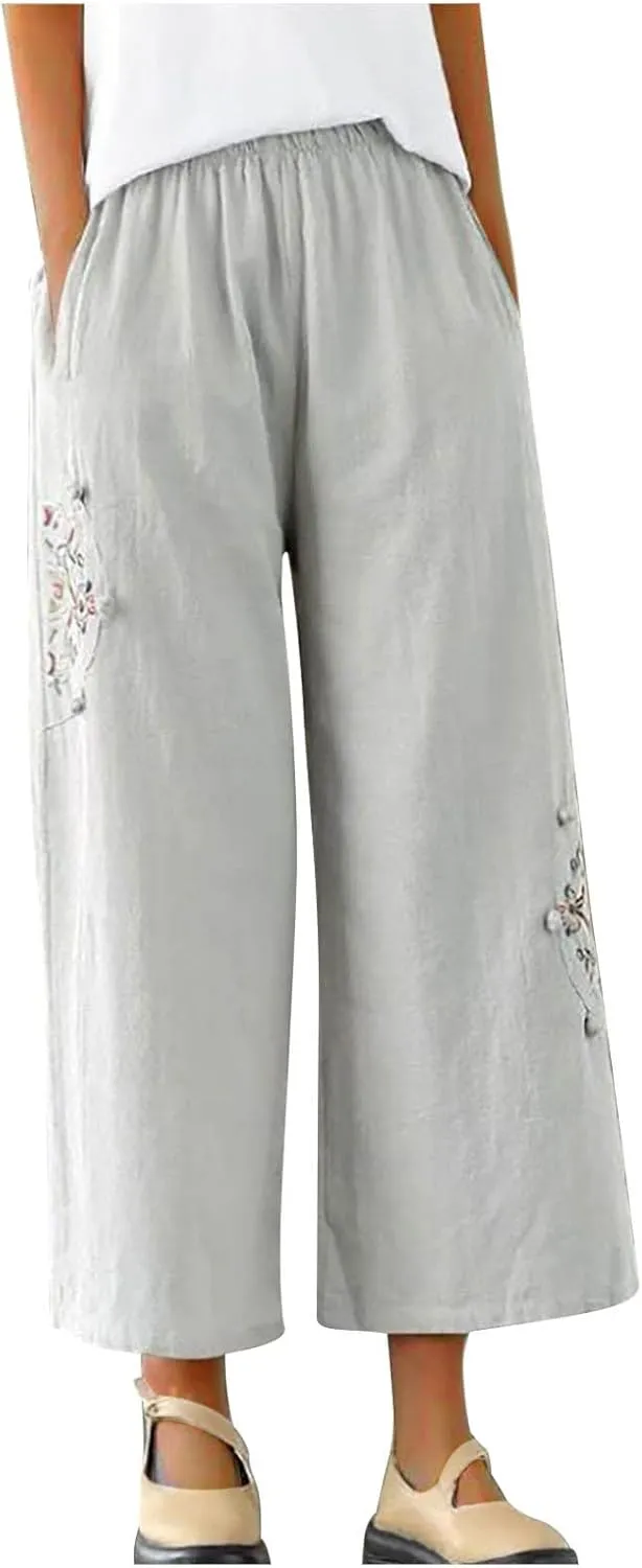 Casual Women's Linen Pants Summer Palazzo High Waisted Pants Wide Leg Slacks Beach Comfy Long Trousers with Pockets