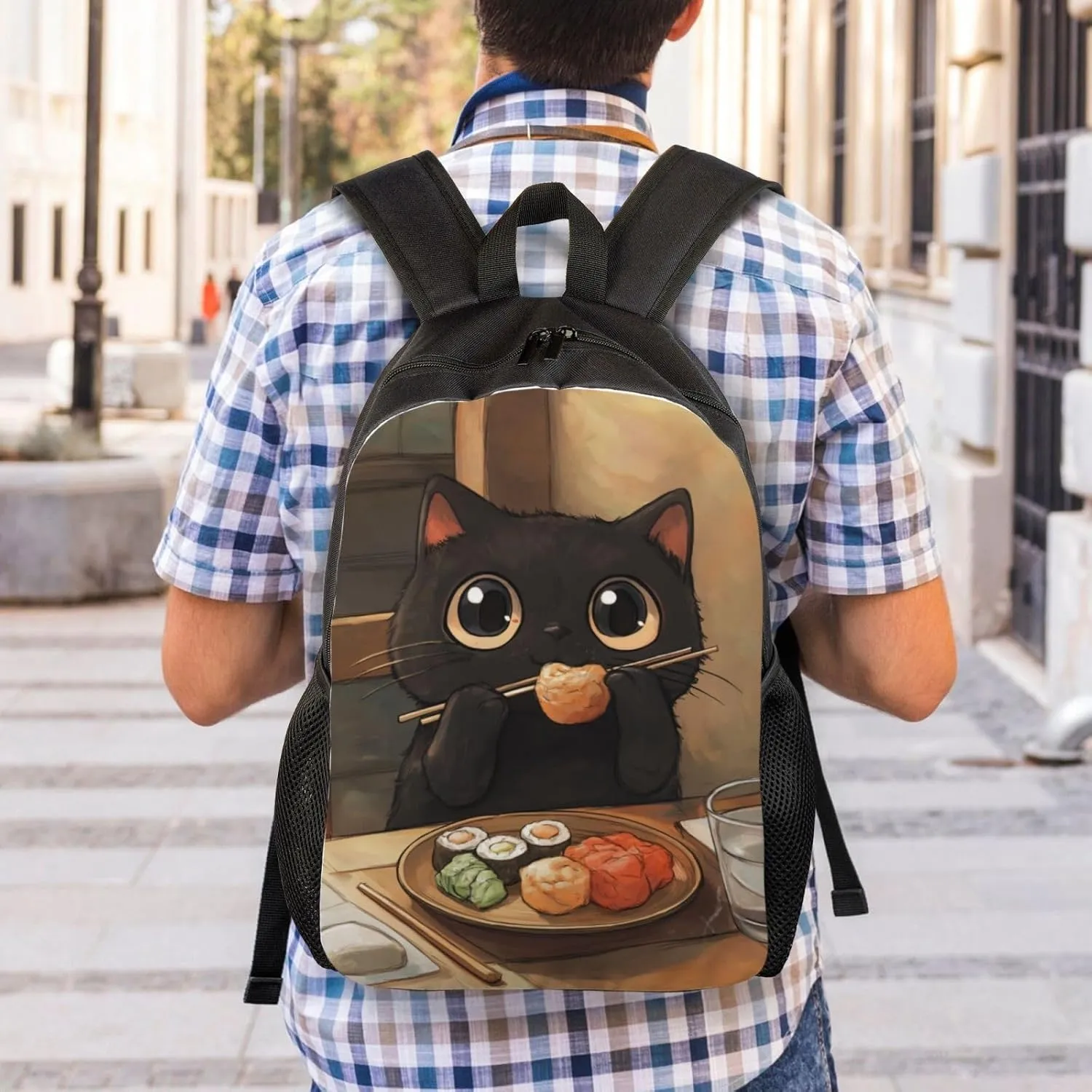 Cat Eating Sushi Backpack Waterproof Anti Theft Durable Light Laptop Bag Backpacks For Women Men Travel Gym Backpack