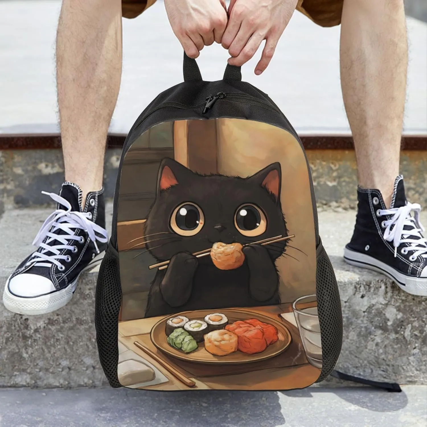 Cat Eating Sushi Backpack Waterproof Anti Theft Durable Light Laptop Bag Backpacks For Women Men Travel Gym Backpack