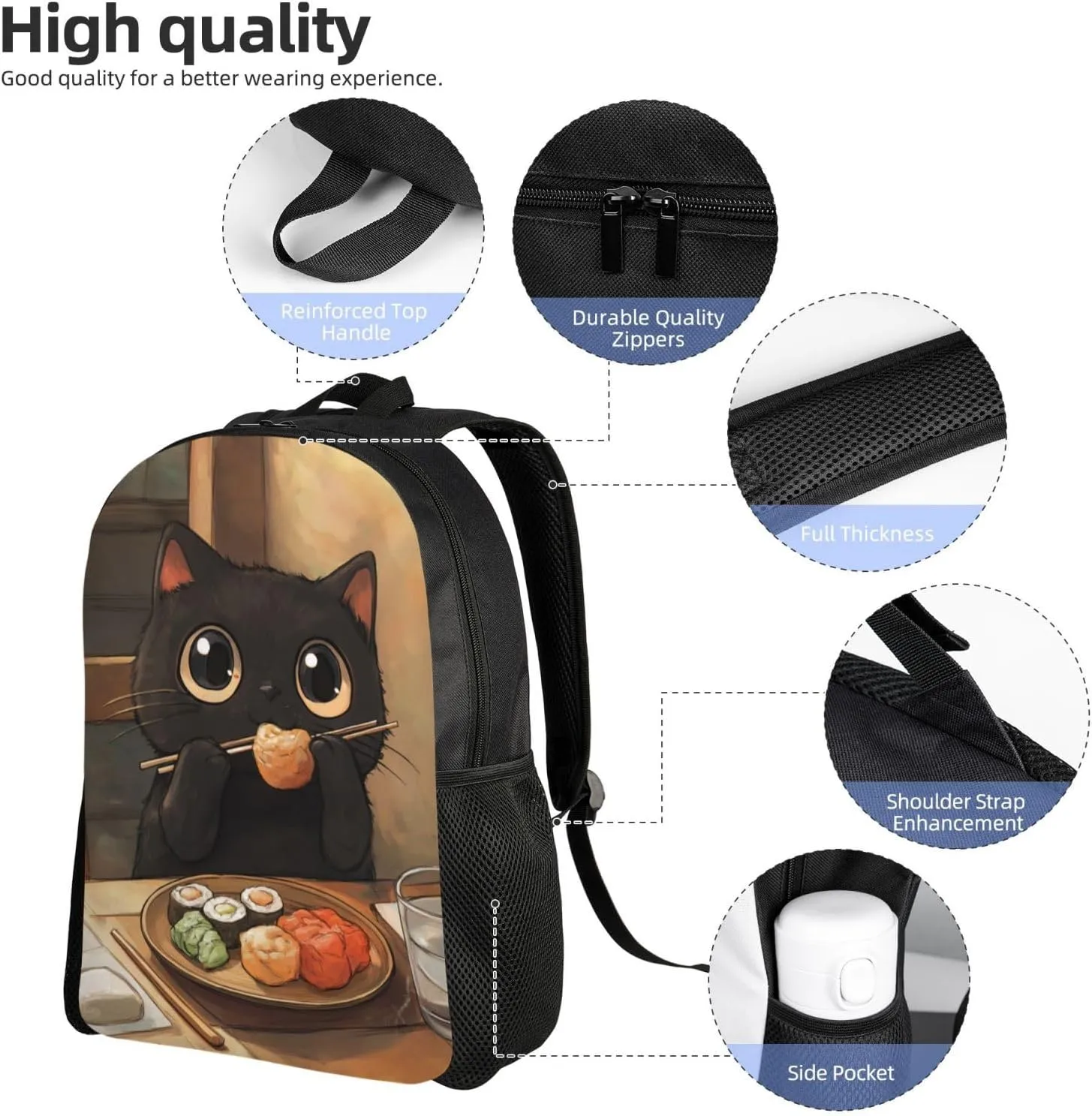 Cat Eating Sushi Backpack Waterproof Anti Theft Durable Light Laptop Bag Backpacks For Women Men Travel Gym Backpack