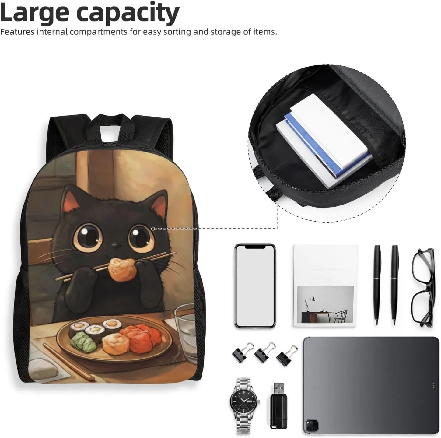 Cat Eating Sushi Backpack Waterproof Anti Theft Durable Light Laptop Bag Backpacks For Women Men Travel Gym Backpack