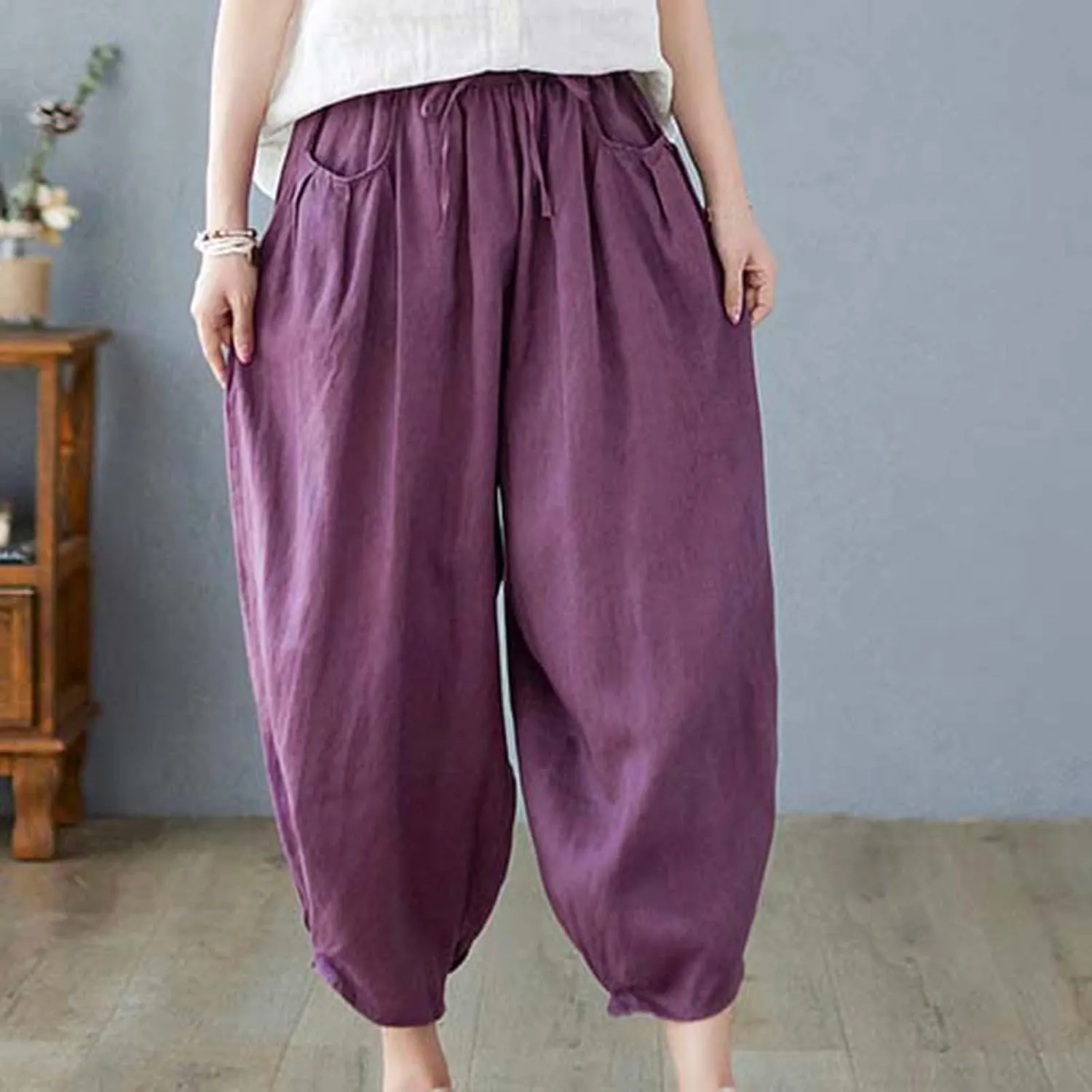 Ceboyel Womens Cotton Linen Harem Pants Drawstring Elastic Waist Summer Trouser Casual Baggy Pants Boho Beach Clothes 2023