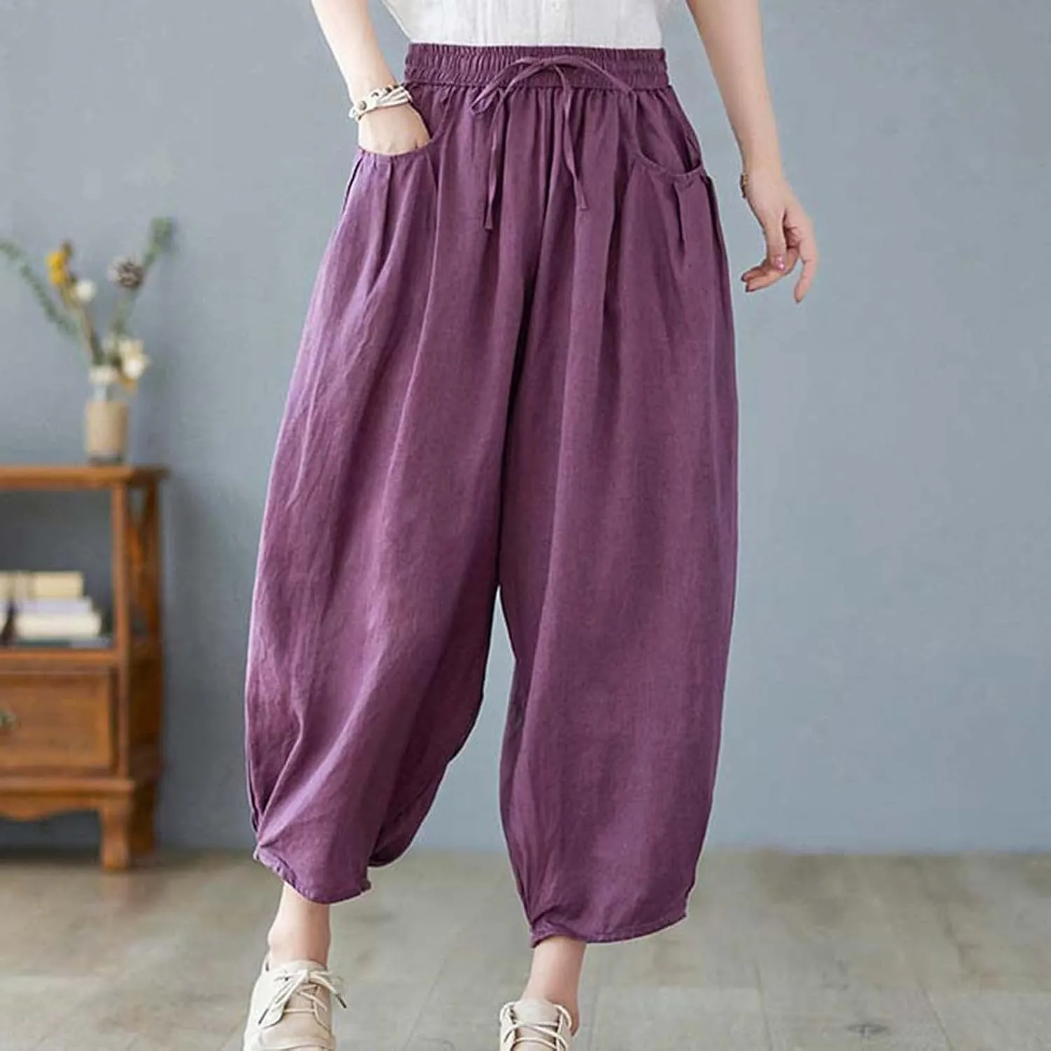 Ceboyel Womens Cotton Linen Harem Pants Drawstring Elastic Waist Summer Trouser Casual Baggy Pants Boho Beach Clothes 2023