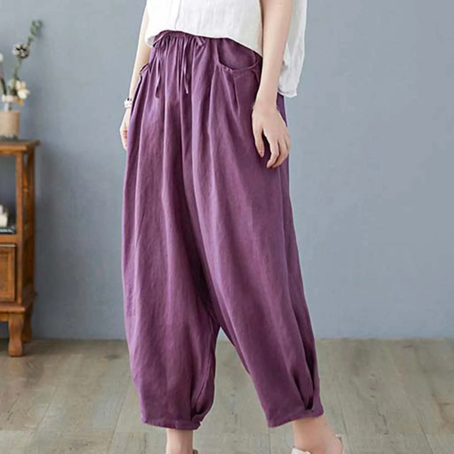 Ceboyel Womens Cotton Linen Harem Pants Drawstring Elastic Waist Summer Trouser Casual Baggy Pants Boho Beach Clothes 2023