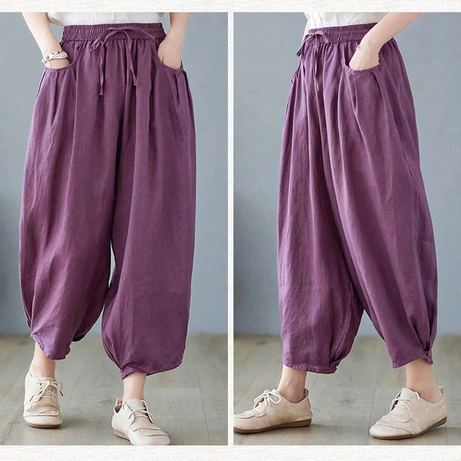 Ceboyel Womens Cotton Linen Harem Pants Drawstring Elastic Waist Summer Trouser Casual Baggy Pants Boho Beach Clothes 2023