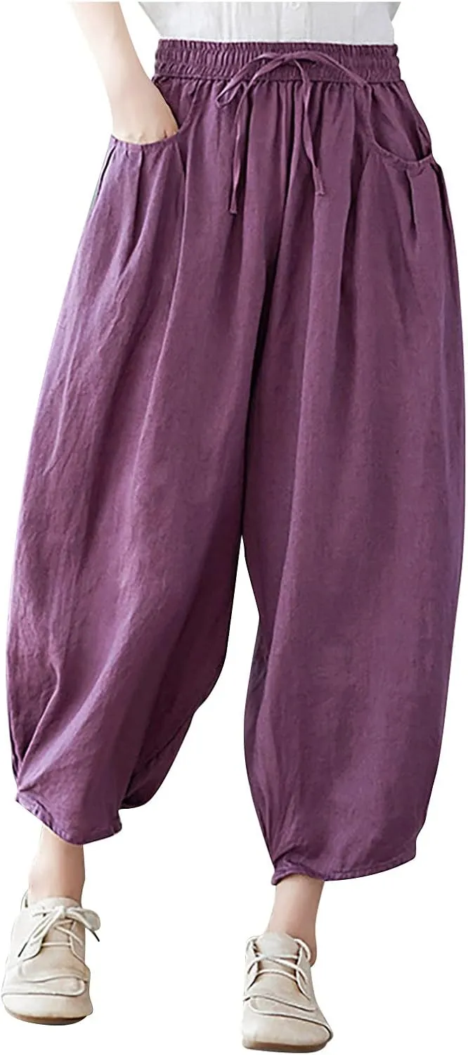 Ceboyel Womens Cotton Linen Harem Pants Drawstring Elastic Waist Summer Trouser Casual Baggy Pants Boho Beach Clothes 2023