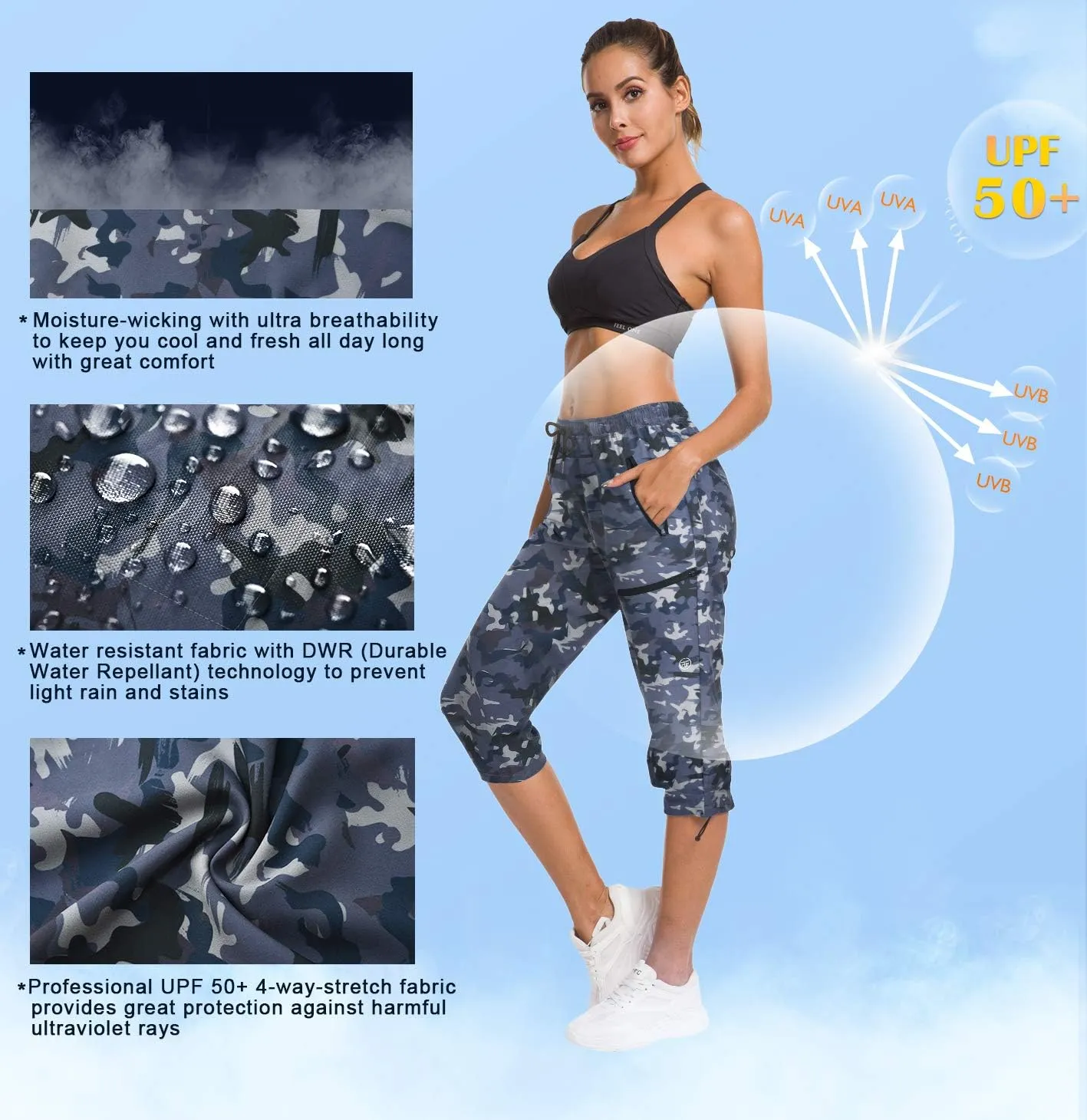 ChinFun Women's Hiking Capris Pants Outdoor Quick Dry Cargo Cropped Pants Water Resistant UPF 50 