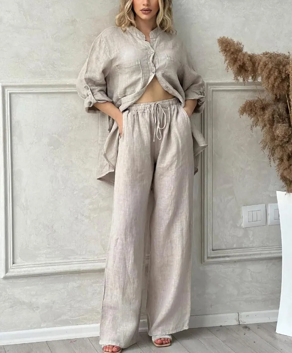 chouyatou Women's Cotton Linen 2 Piece Outfits Rolled Up Sleeve Button Down Shirt and Wide leg Pants Set