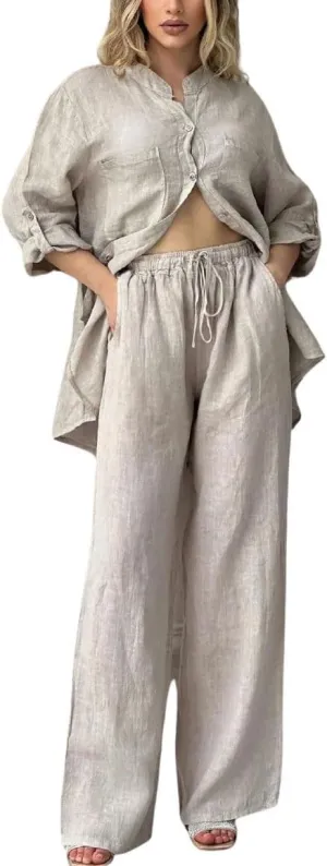 chouyatou Women's Cotton Linen 2 Piece Outfits Rolled Up Sleeve Button Down Shirt and Wide leg Pants Set