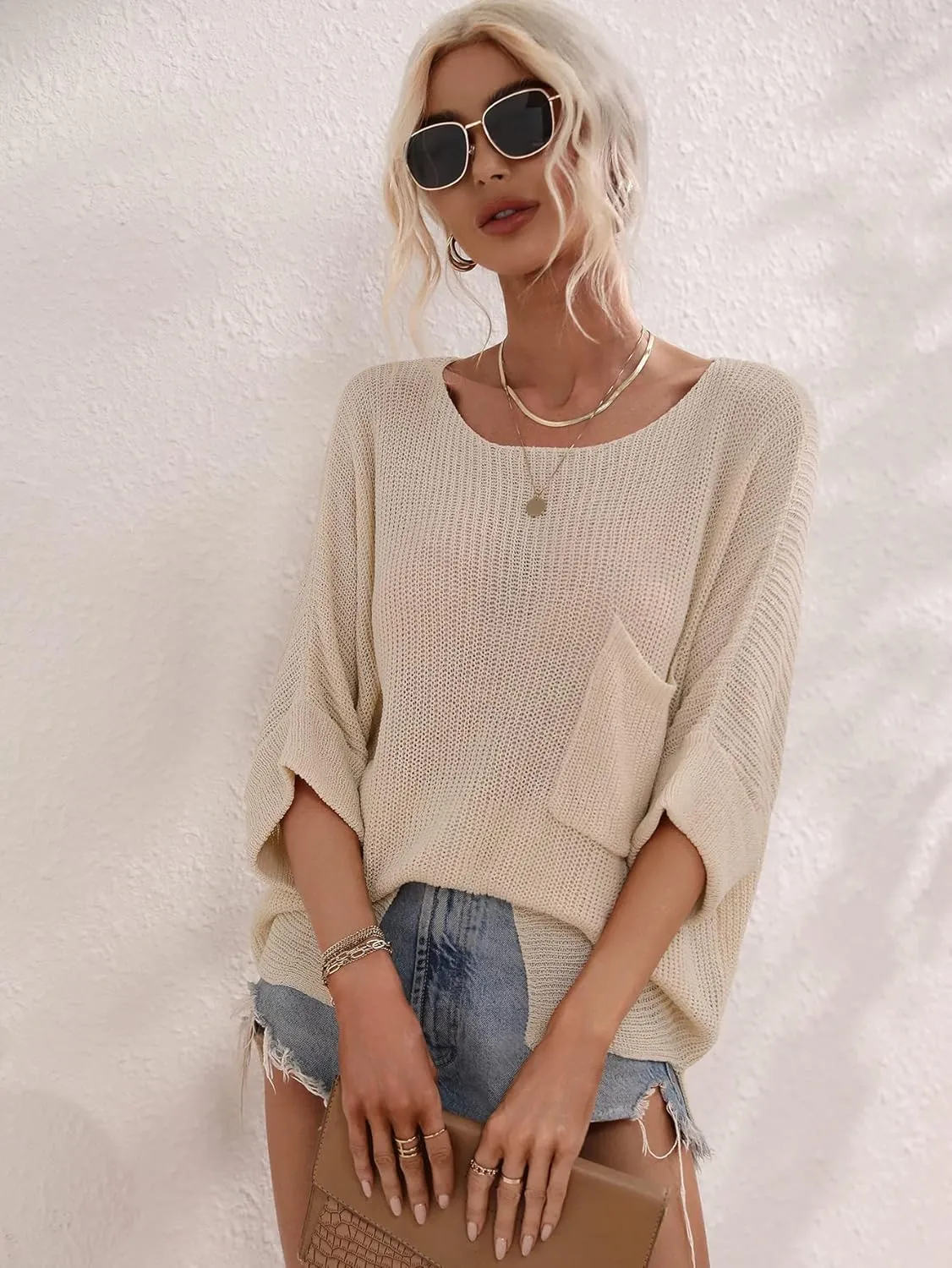 chouyatou Women's Oversized Short Sleeve Crochet Sweater Tops Beach Cover Up Summer T-Shirt
