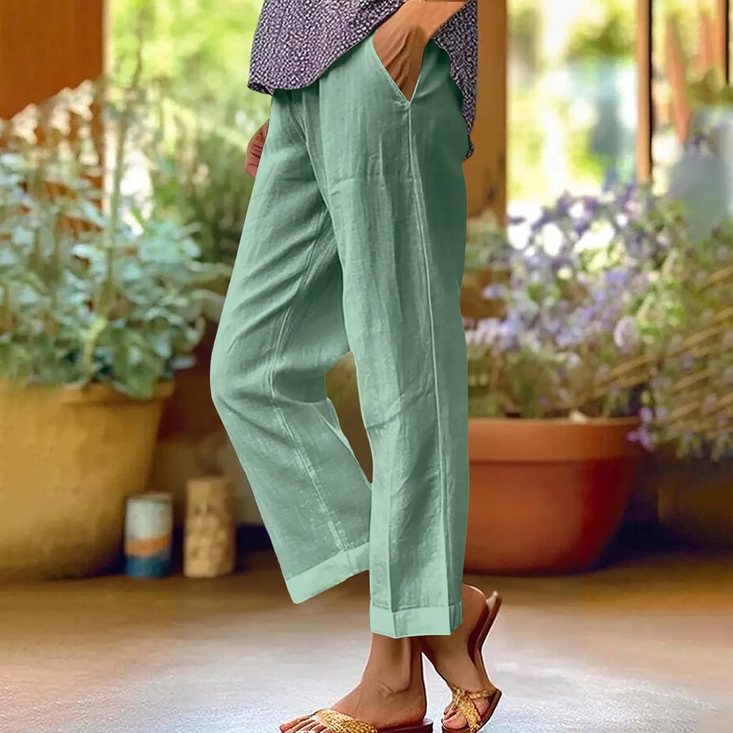 Comfy Womans Dress Pants Summer Loose Cotton Linen Pants Vacation Casual Beach Trousers Flowy Slacks with Pockets