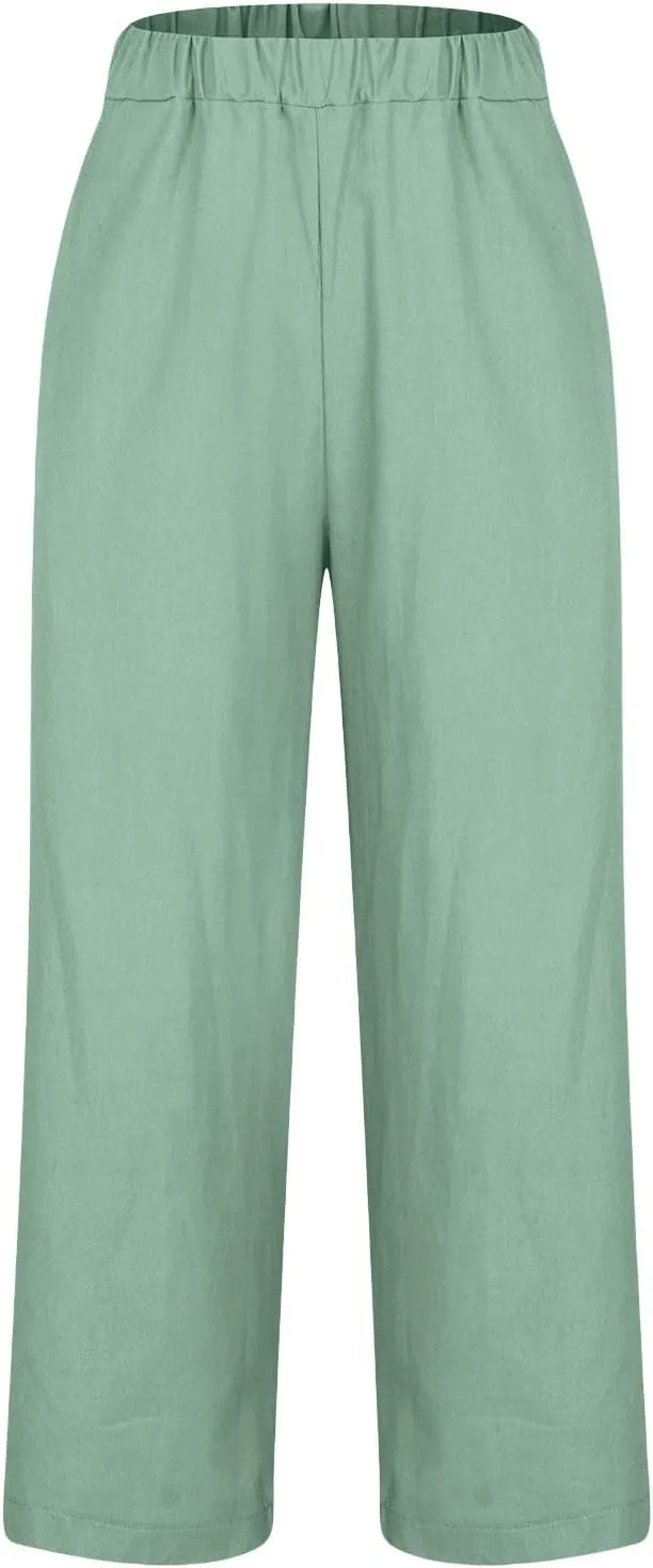 Comfy Womans Dress Pants Summer Loose Cotton Linen Pants Vacation Casual Beach Trousers Flowy Slacks with Pockets