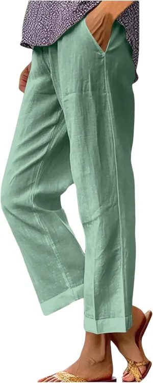 Comfy Womans Dress Pants Summer Loose Cotton Linen Pants Vacation Casual Beach Trousers Flowy Slacks with Pockets
