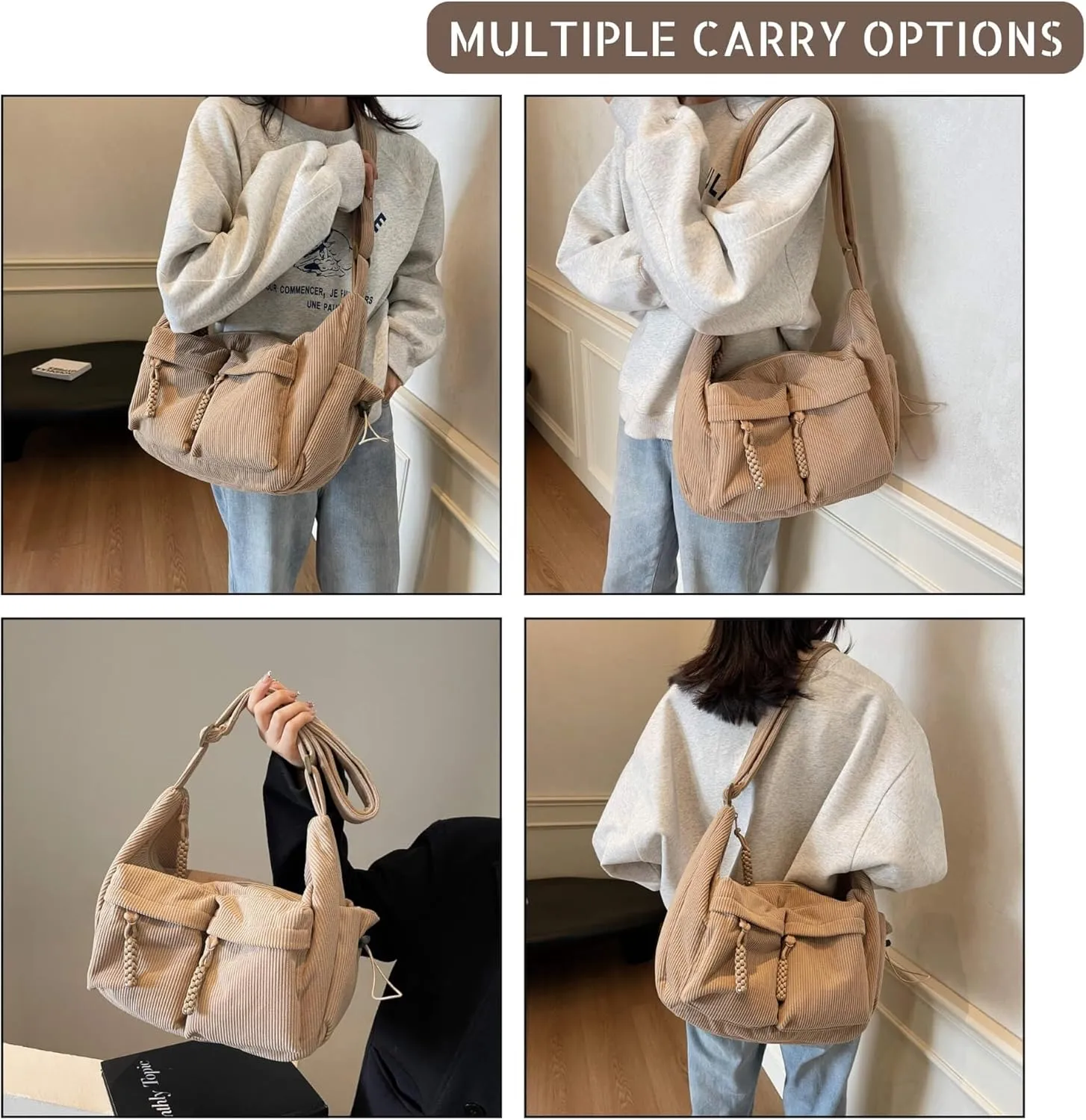 Corduroy Crossbody Bag for Women & Men, Large Slouchy Crescent Hobo Bag with Multi-Pocket