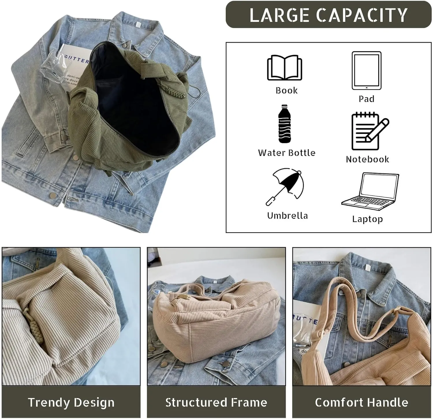 Corduroy Crossbody Bag for Women & Men, Large Slouchy Crescent Hobo Bag with Multi-Pocket