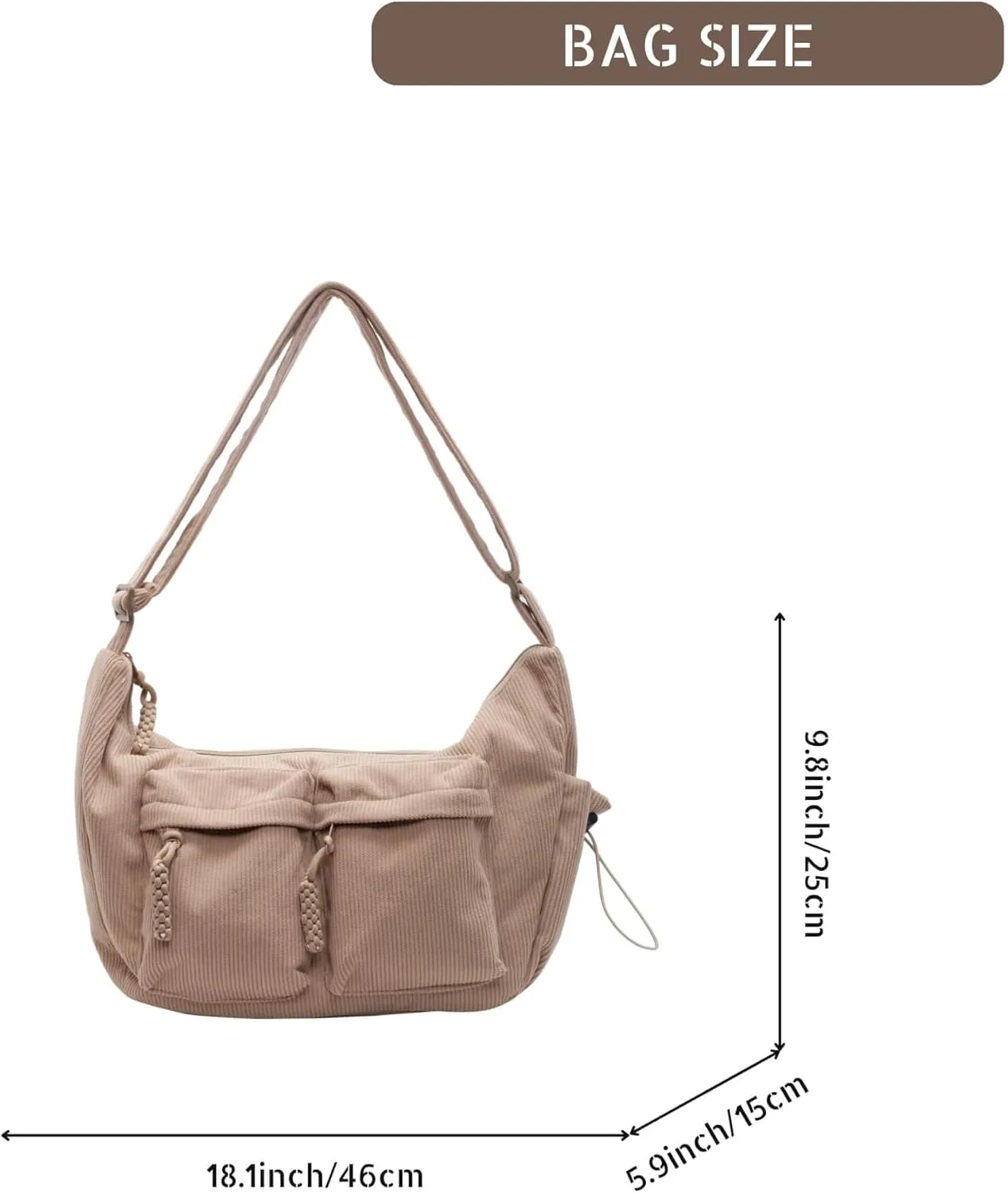 Corduroy Crossbody Bag for Women & Men, Large Slouchy Crescent Hobo Bag with Multi-Pocket