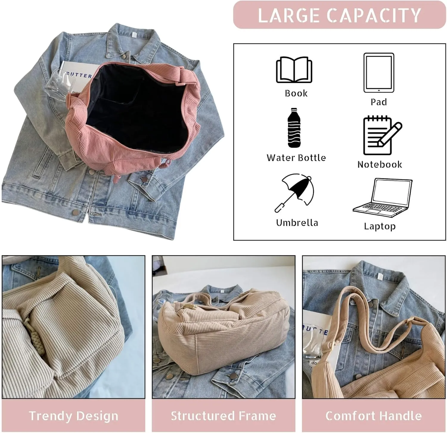 Corduroy Crossbody Bag for Women & Men, Large Slouchy Crescent Hobo Bag with Multi-Pocket