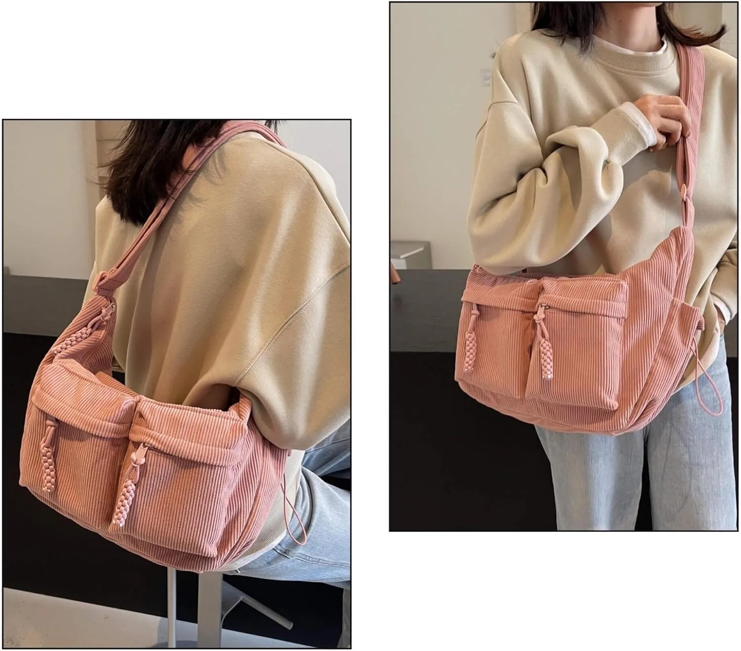 Corduroy Crossbody Bag for Women & Men, Large Slouchy Crescent Hobo Bag with Multi-Pocket