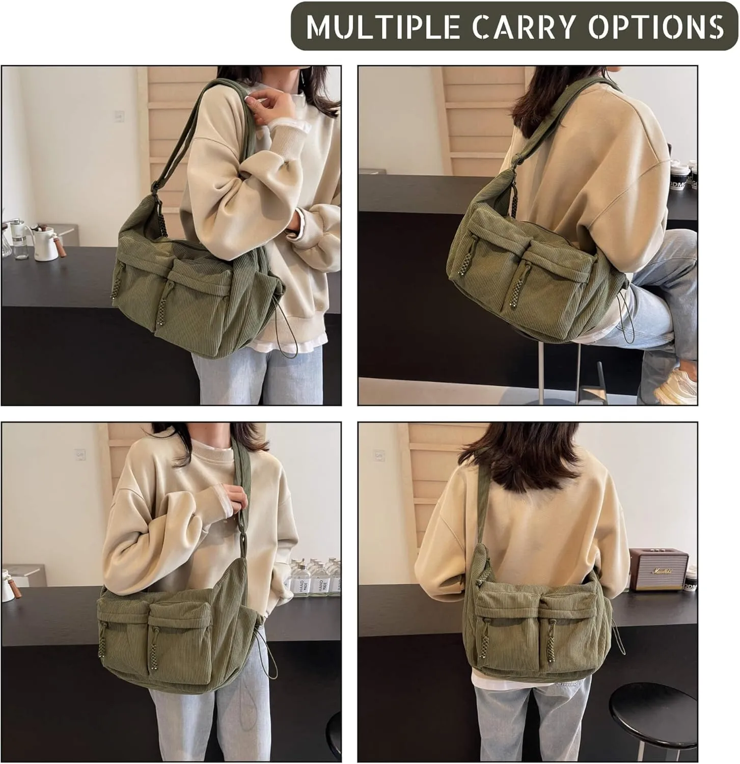 Corduroy Crossbody Bag for Women & Men, Large Slouchy Crescent Hobo Bag with Multi-Pocket