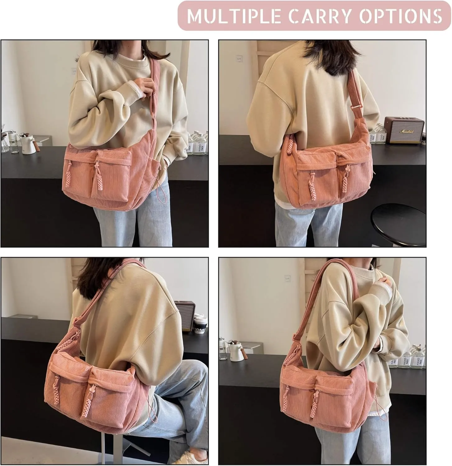 Corduroy Crossbody Bag for Women & Men, Large Slouchy Crescent Hobo Bag with Multi-Pocket