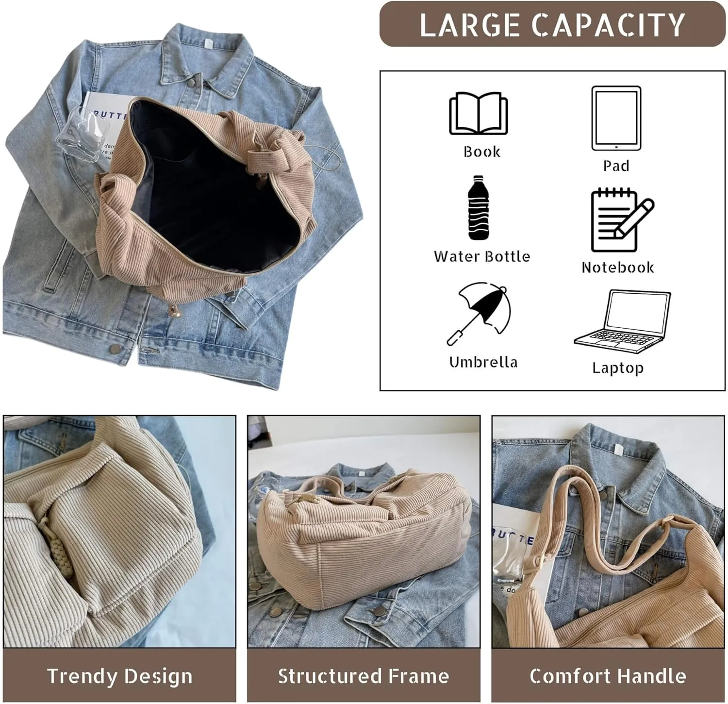 Corduroy Crossbody Bag for Women & Men, Large Slouchy Crescent Hobo Bag with Multi-Pocket