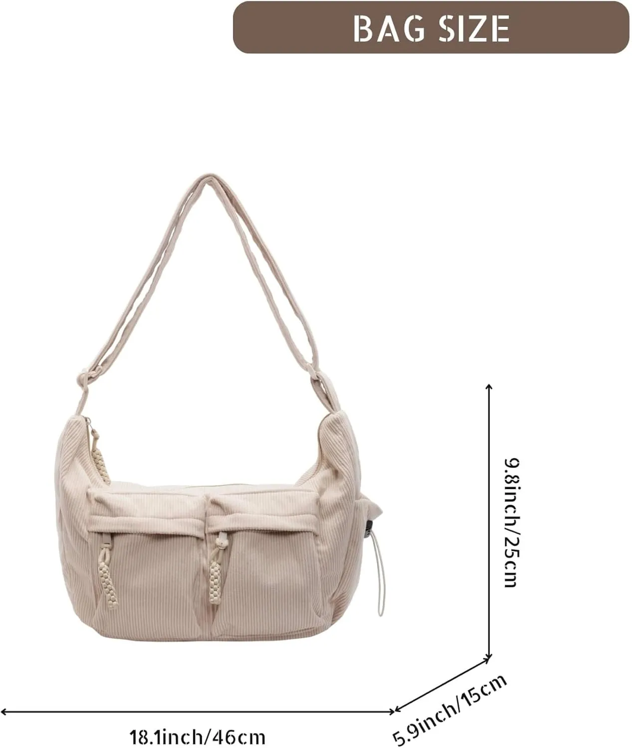 Corduroy Crossbody Bag for Women & Men, Large Slouchy Crescent Hobo Bag with Multi-Pocket