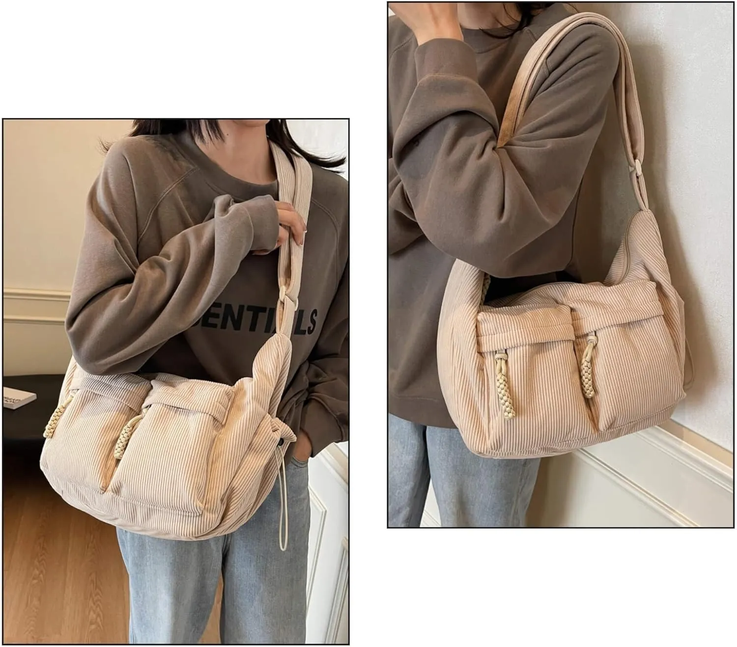 Corduroy Crossbody Bag for Women & Men, Large Slouchy Crescent Hobo Bag with Multi-Pocket