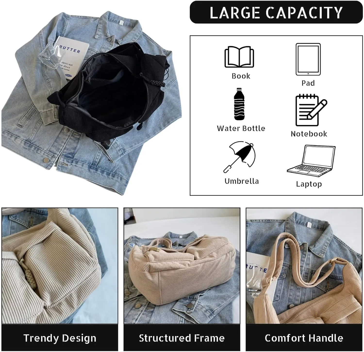 Corduroy Crossbody Bag for Women & Men, Large Slouchy Crescent Hobo Bag with Multi-Pocket