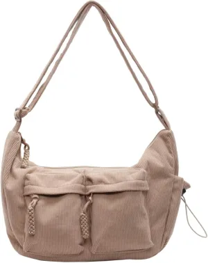 Corduroy Crossbody Bag for Women & Men, Large Slouchy Crescent Hobo Bag with Multi-Pocket