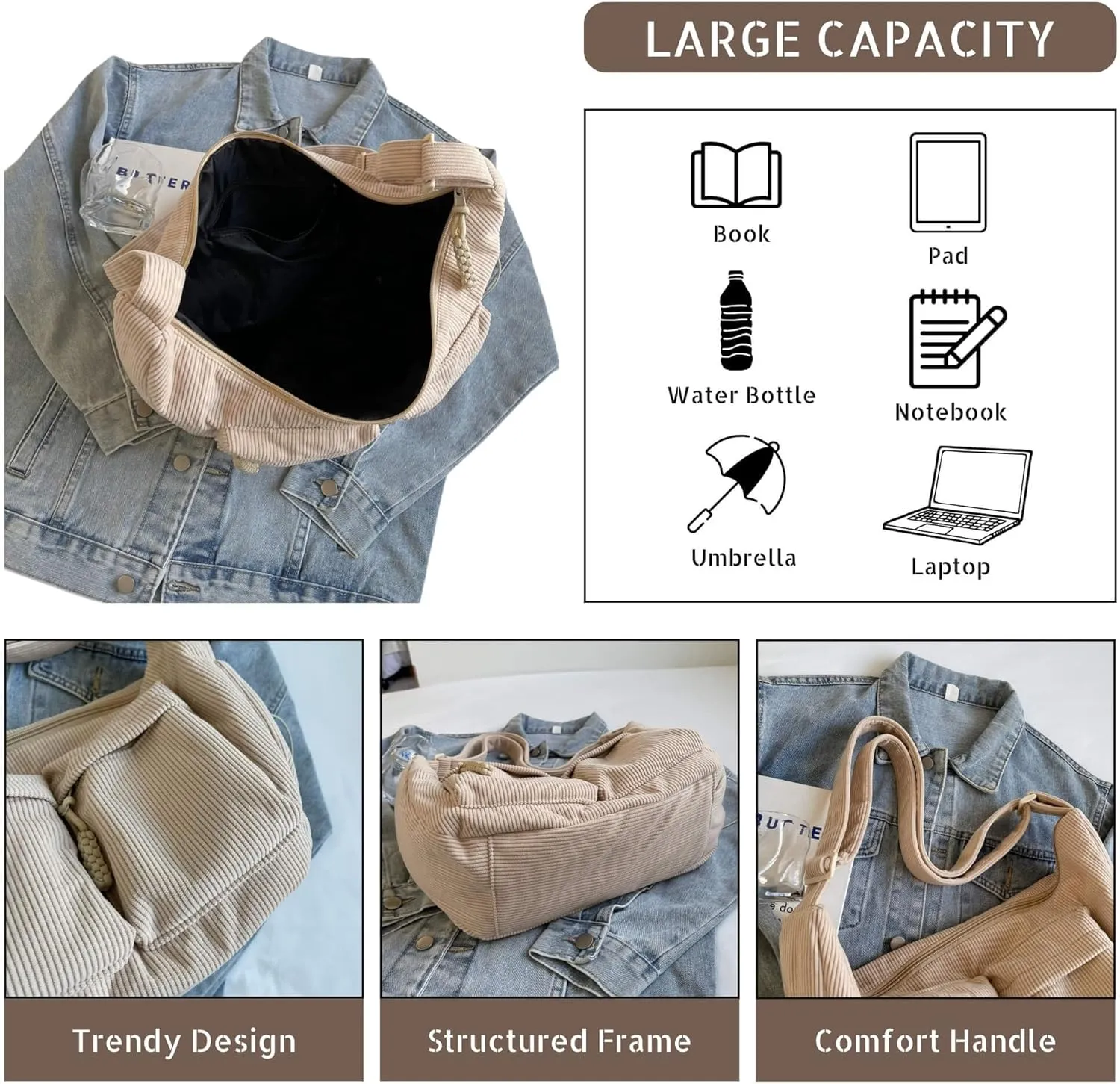 Corduroy Crossbody Bag for Women & Men, Large Slouchy Crescent Hobo Bag with Multi-Pocket