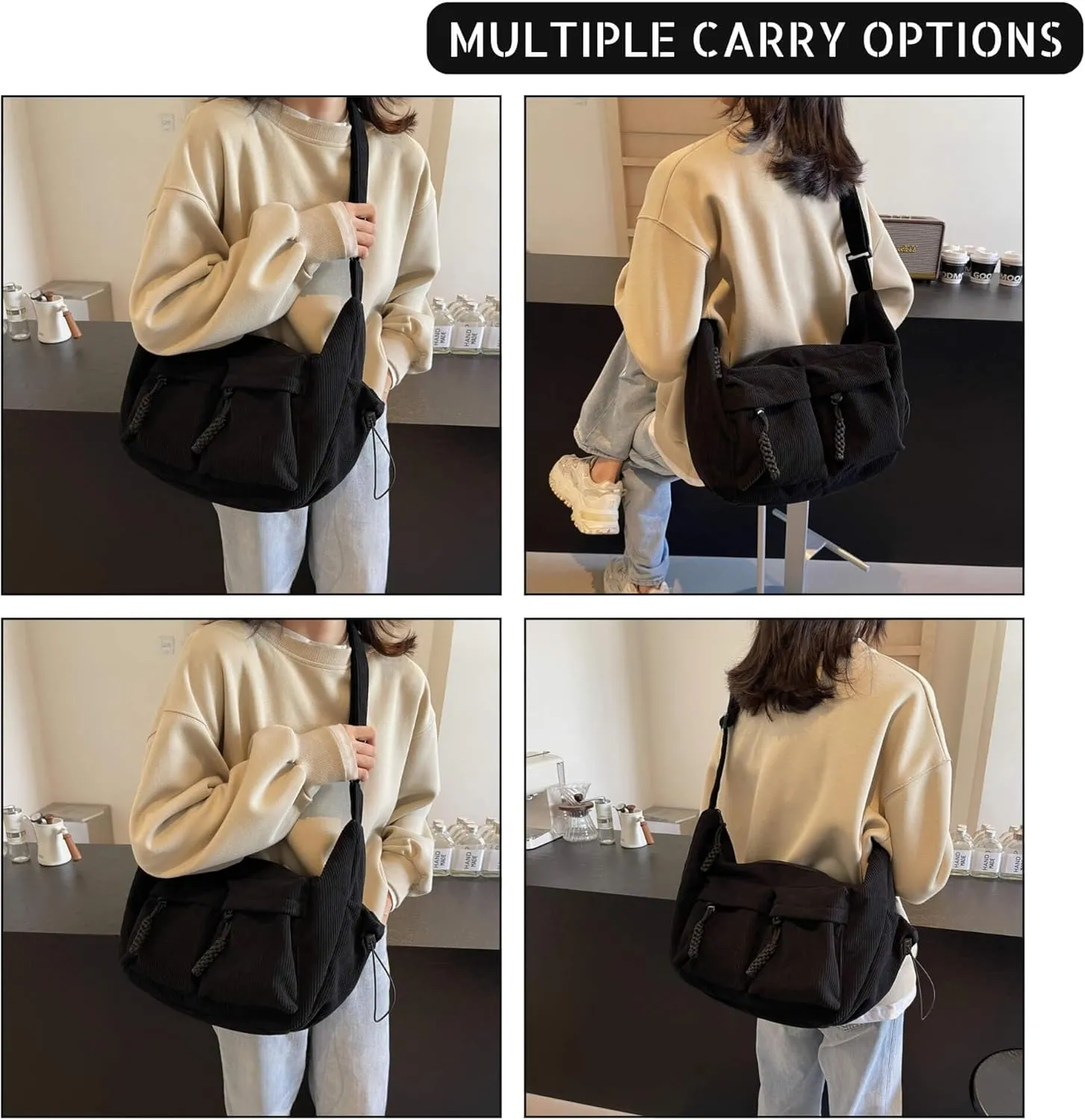 Corduroy Crossbody Bag for Women & Men, Large Slouchy Crescent Hobo Bag with Multi-Pocket