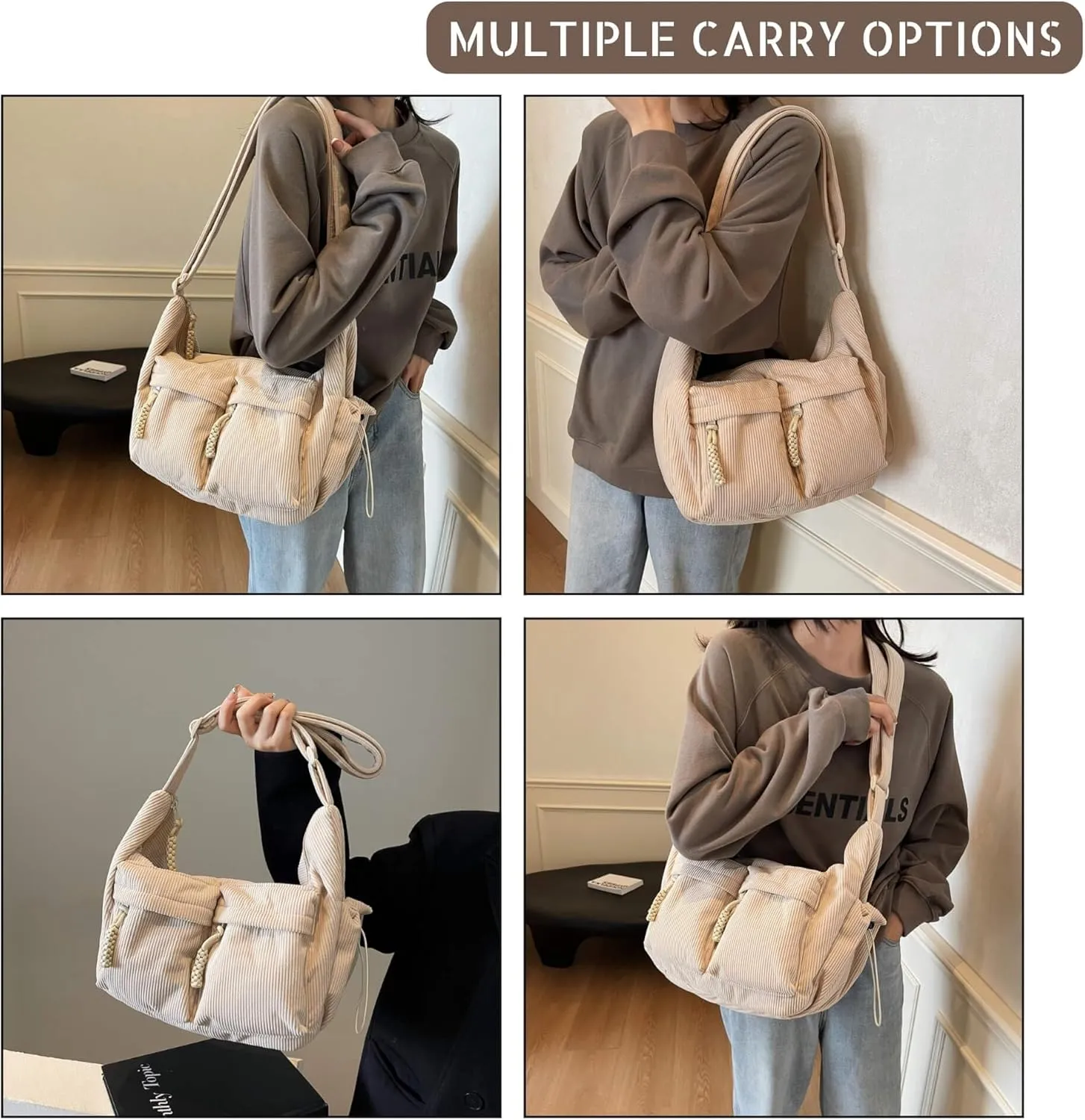 Corduroy Crossbody Bag for Women & Men, Large Slouchy Crescent Hobo Bag with Multi-Pocket