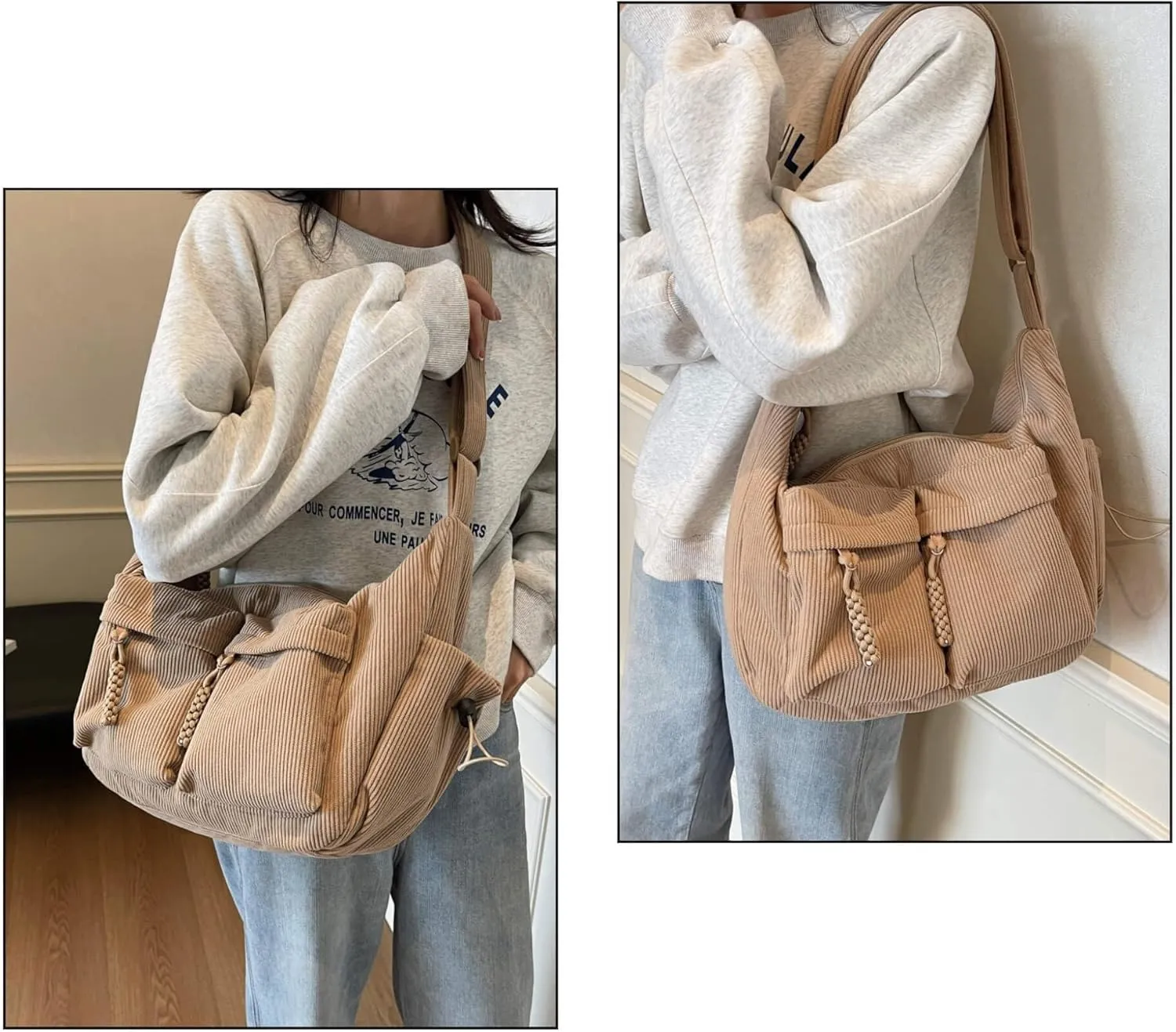 Corduroy Crossbody Bag for Women & Men, Large Slouchy Crescent Hobo Bag with Multi-Pocket