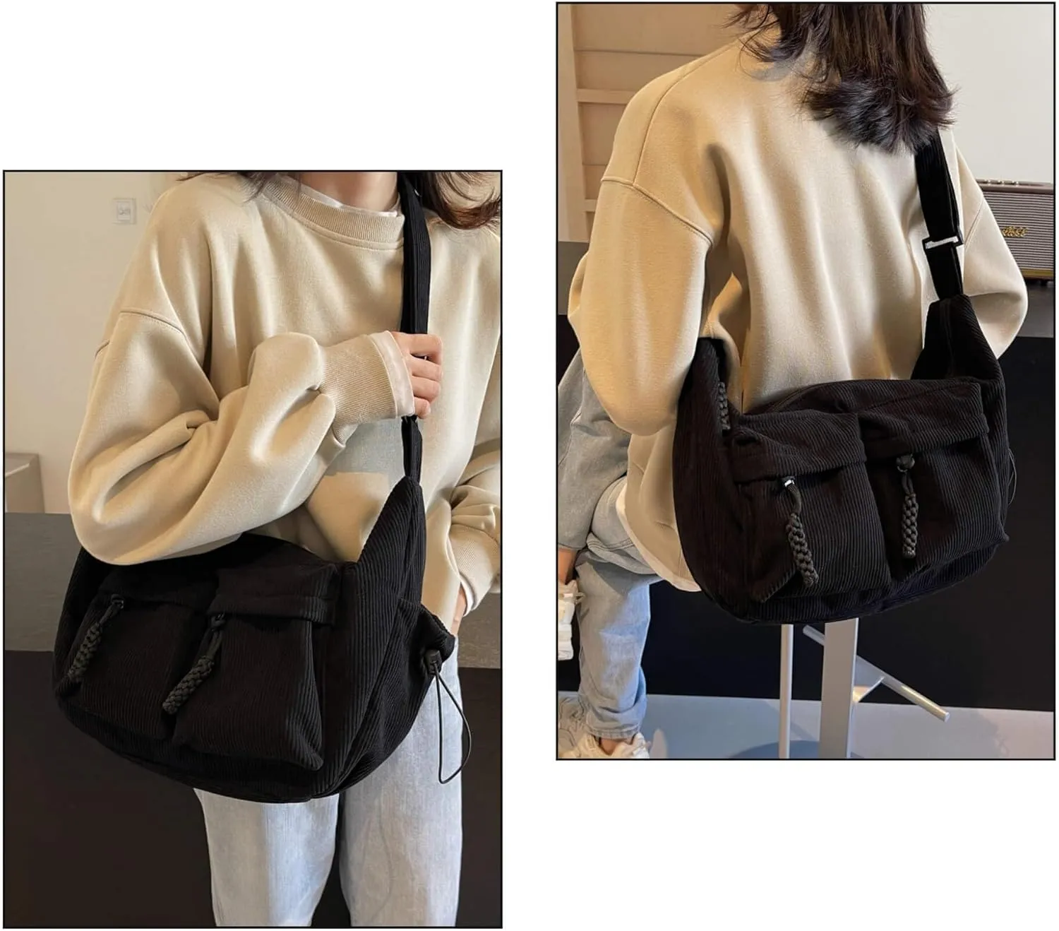 Corduroy Crossbody Bag for Women & Men, Large Slouchy Crescent Hobo Bag with Multi-Pocket